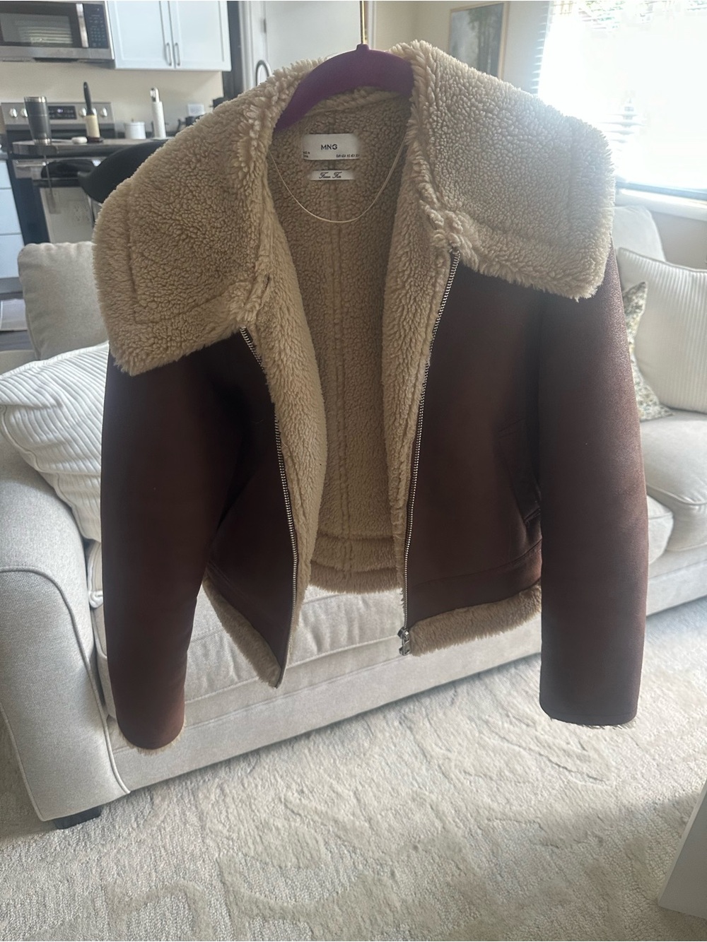 Mango Brown Jacket with Cream Faux-Shearling Lining